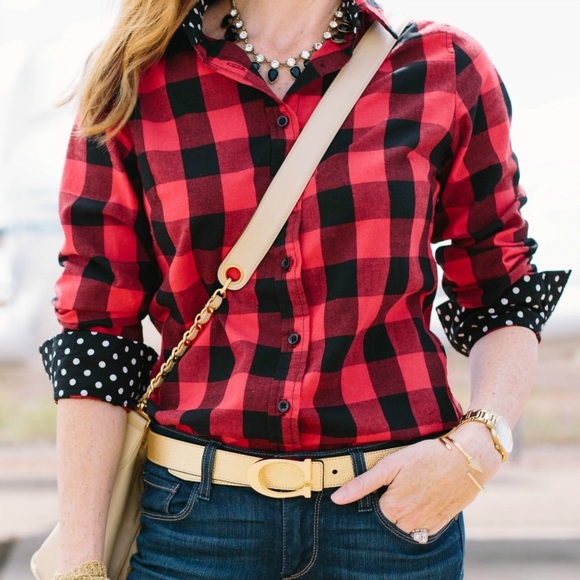 Tops - • Red Buffalo Plaid & Polkadot Shirt •